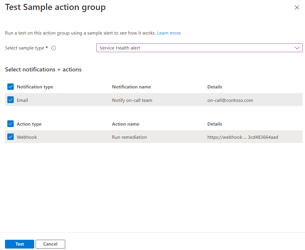 電子メールの通知タイプと Webhook アクション タイプが表示されている [テスト サンプル アクション グループ] ページを示すスクリーンショット。