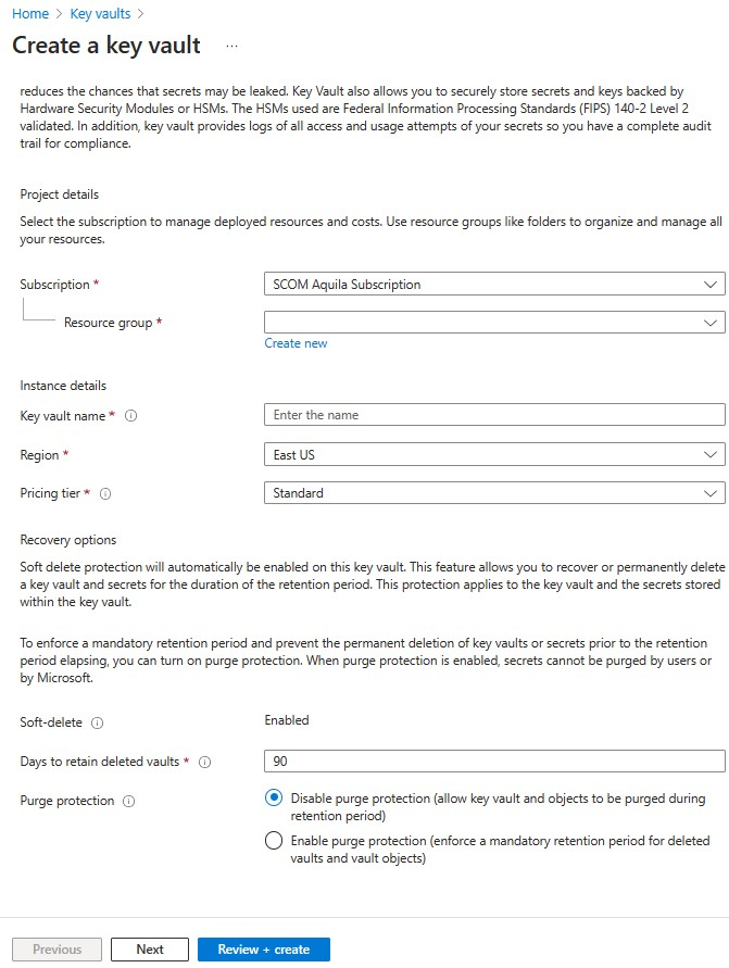 Screenshot that shows basic information for creating a key vault.