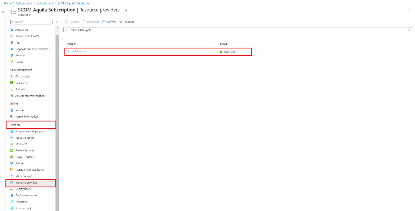 Screenshot that shows the Microsoft insights provider.