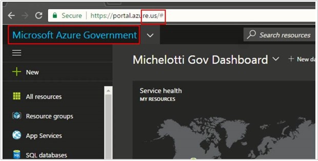 URL として portal.azure.us が強調表示された Azure Government ポータルを示すスクリーンショット。