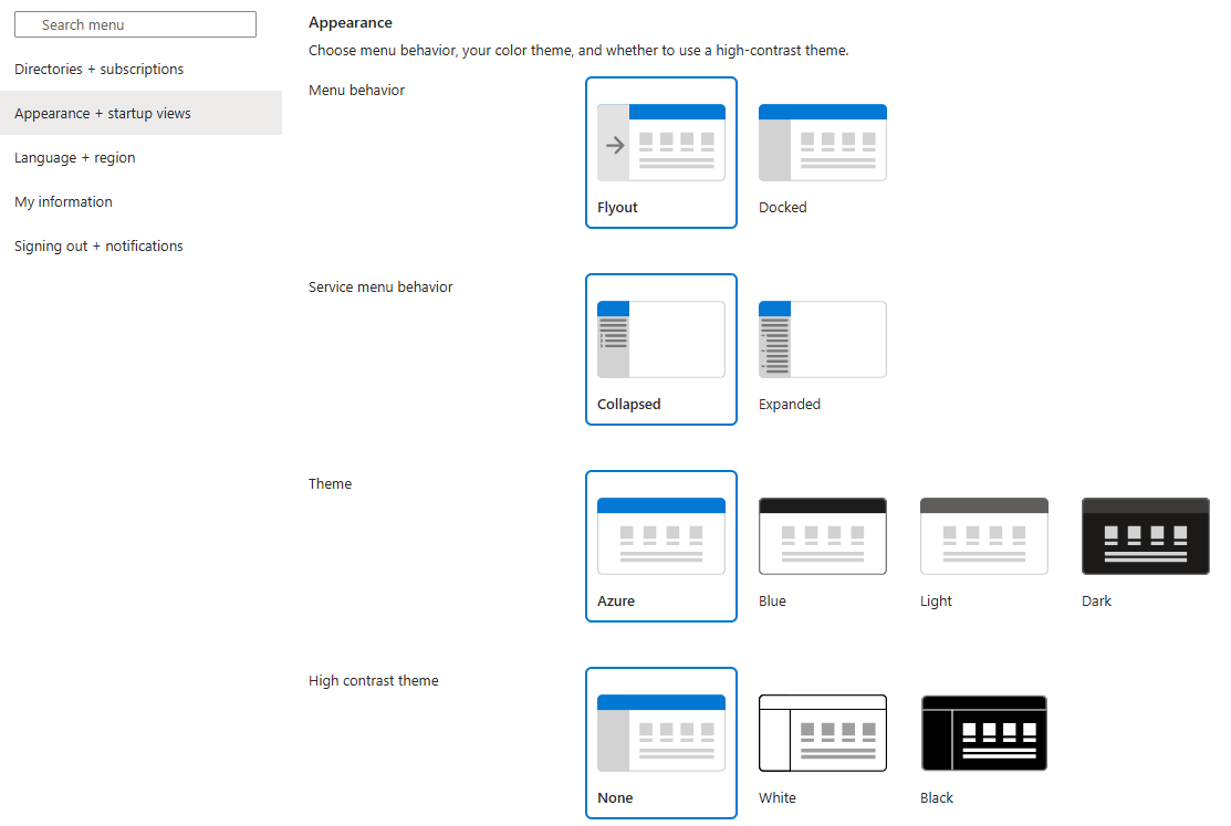 [Appearance + startup views]\(外観 + スタートアップ表示\) の [外観] セクションを表示するスクリーンショット。