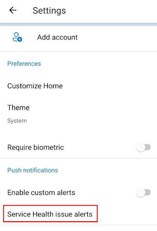 Azure モバイル アプリの [設定] ページの [Service Health イシュー アラート] セクションを示すスクリーンショット。