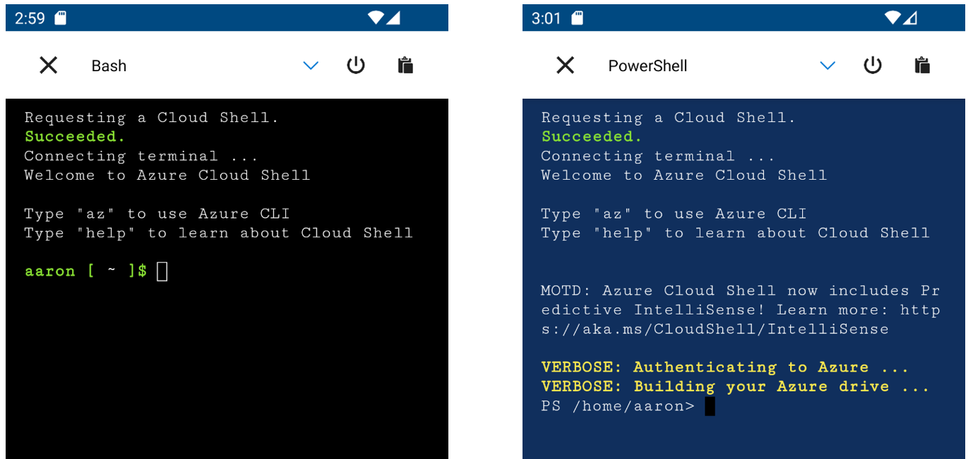 Azure mobile app 内の Cloud Shell の、Bash と PowerShell のオプションを示すスクリーンショット。