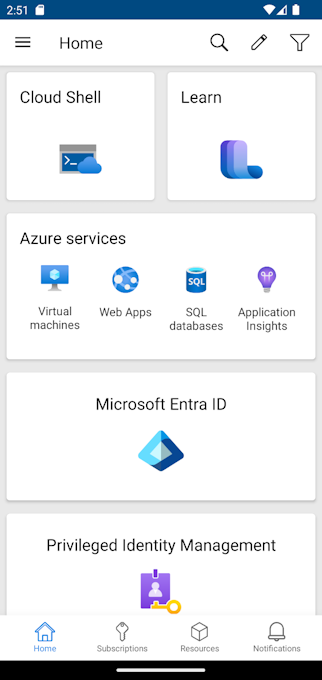 [Cloud Shell] カードを含む Azure mobile app の [ホーム] を示すスクリーンショット。