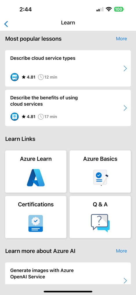 Microsoft Learn の最も一般的なレッスンを表示している Azure モバイル アプリのスクリーンショット。