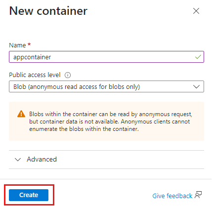 名前とパブリック アクセス レベルを入力する [New container] (新しいコンテナー) 画面のスクリーンショット。