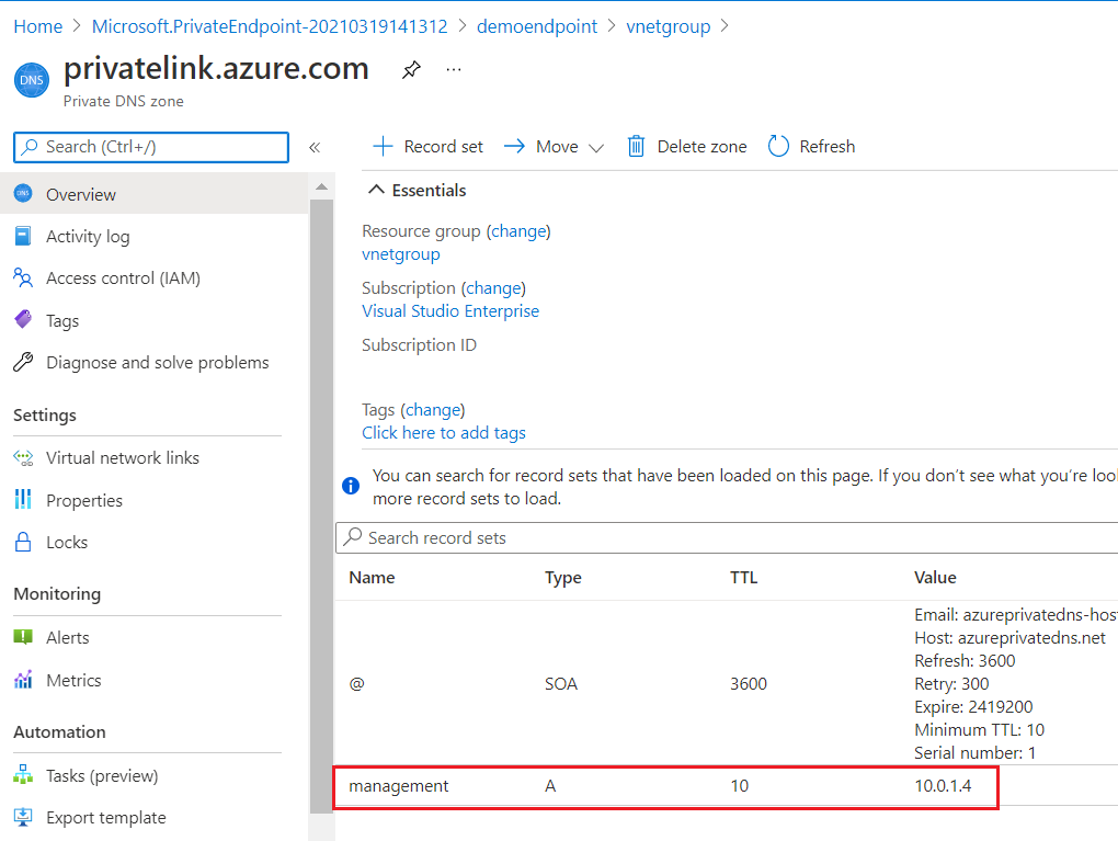 'management' という名のレコード セットとそのローカル IP アドレスのある非公開 DNS ゾーン リソースを示す Azure portal のスクリーンショット。