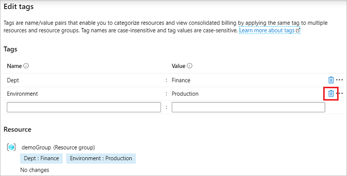 [タグの削除] アイコンが強調表示された Azure portal のスクリーンショット。