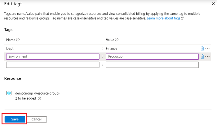 タグを追加した後に [保存] ボタンが強調表示された Azure portal のスクリーンショット。