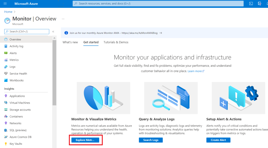 [メトリックについて調べる] が強調表示された、Azure portal の [モニター] ページに移動するスクリーンショット。