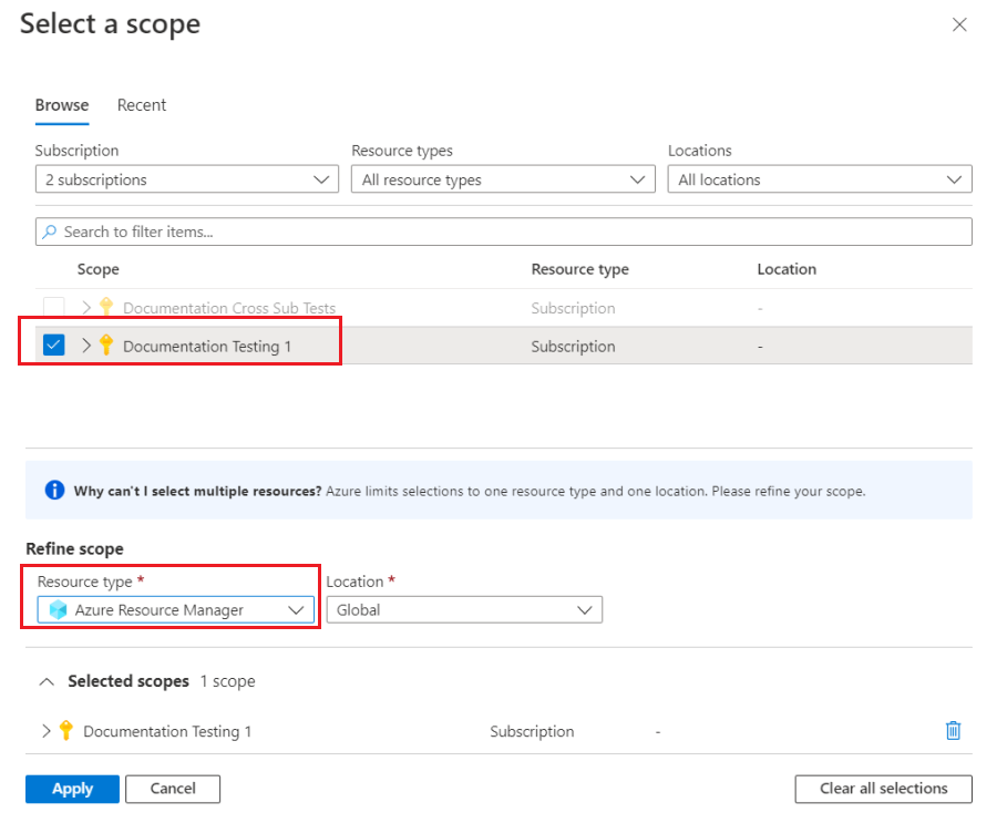 Azure portal で 1 つのサブスクリプションと Azure Resource Manager のメトリックを選んだスクリーンショット。