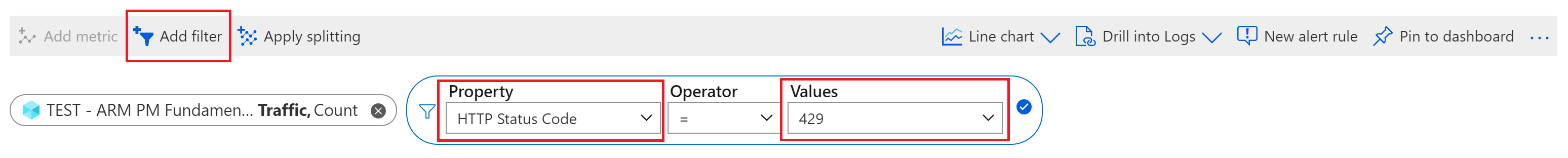 Azure portal で、HTTP 状態コードを 429 応答のみにフィルター処理するスクリーンショット。