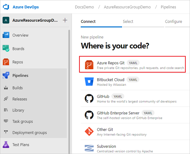 Azure DevOps のコード ソース選択のスクリーンショット