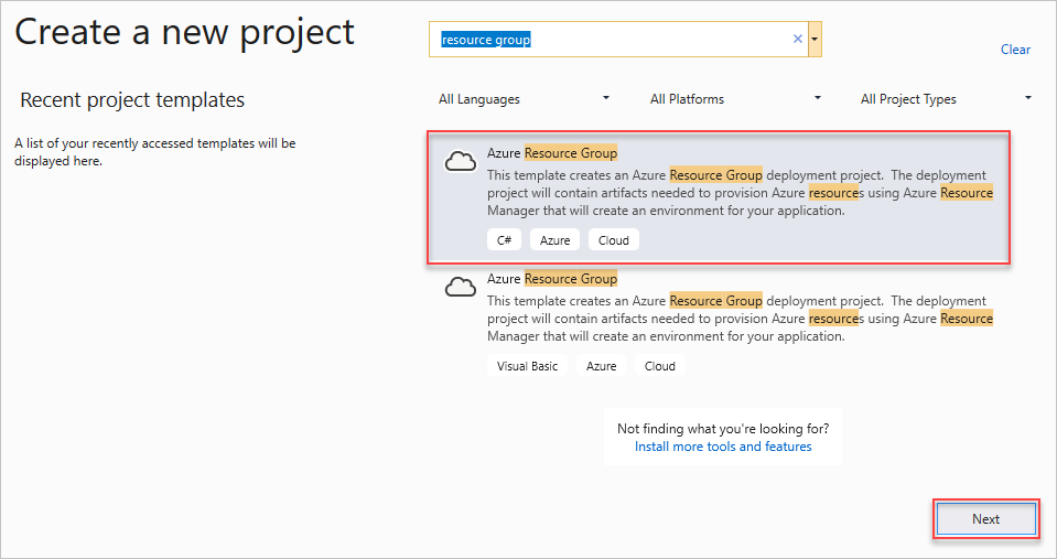 [新しいプロジェクトの作成] ウィンドウで [Azure リソース グループ] と [次へ] ボタンが強調表示されたスクリーンショット。