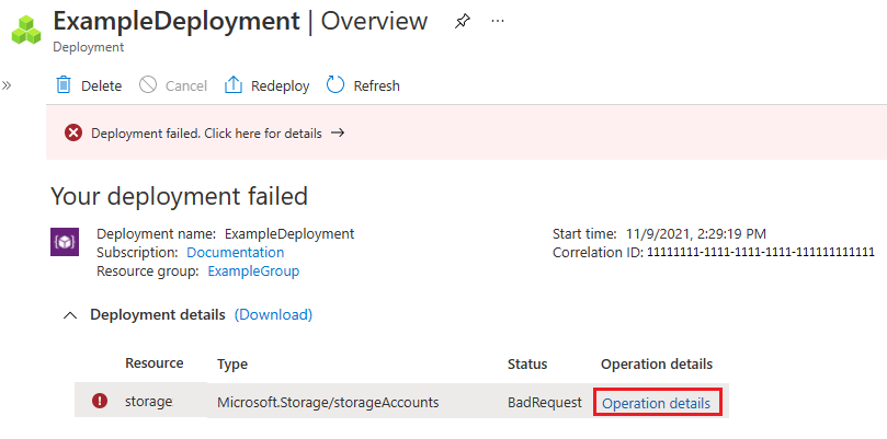 操作の詳細のリンクが強調表示されている、失敗したデプロイのスクリーンショット。