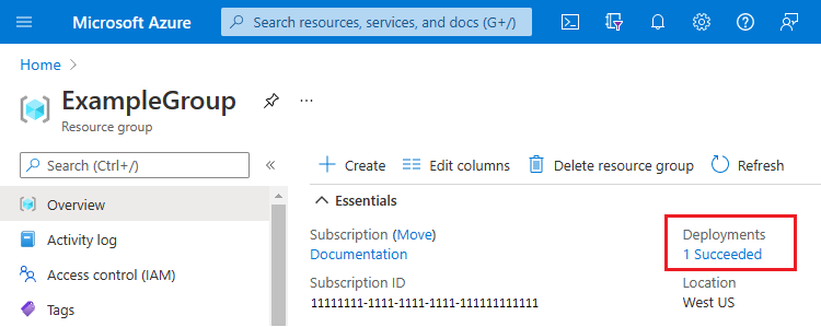 デプロイの成功を示すリソース グループの概要のスクリーンショット。