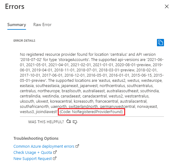 エラー メッセージとエラー コード NoRegisteredProviderFound を示す、Azure portal のデプロイ エラーの概要のスクリーンショット。