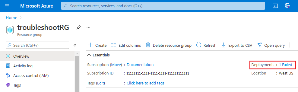 デプロイ履歴セクションに赤い感嘆符アイコンが付いた、失敗したデプロイを示す Azure リソース グループの概要ページのスクリーンショット。