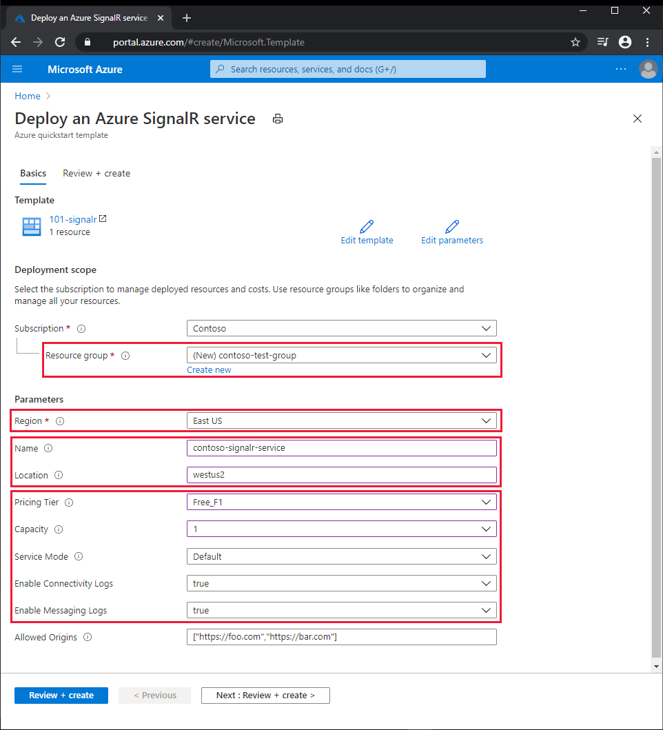 Azure portal から Azure SignalR Service を作成するための ARM テンプレートのスクリーンショット。