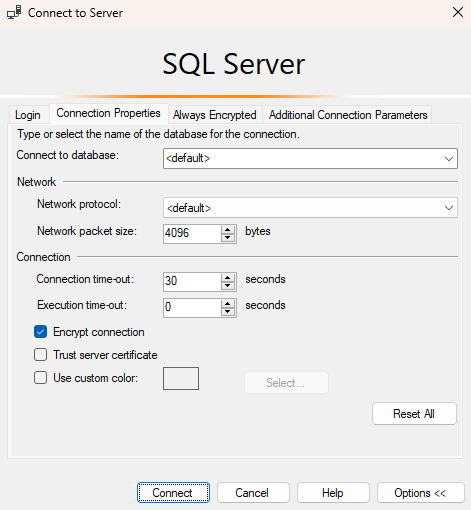 [オプション] メニューの SSMS のスクリーンショット。