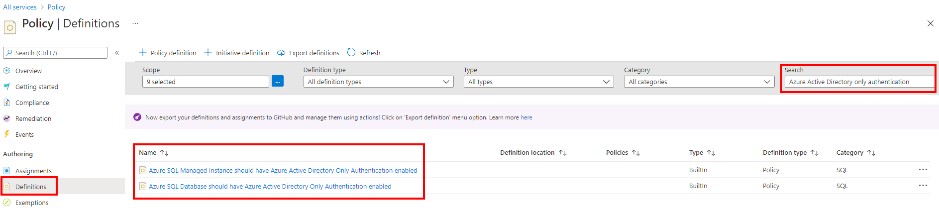 Azure AD 専用認証の Azure Policy のスクリーンショット