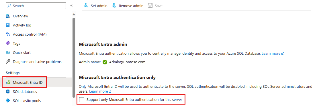 サーバーに対して Microsoft Entra 認証のみをサポートするオプションを示すスクリーンショット。