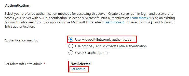 ユーザー Microsoft Entra 専用認証が選択された状態の [SQL Managed Instance の作成] 基本タブの Azure portal のスクリーンショット。