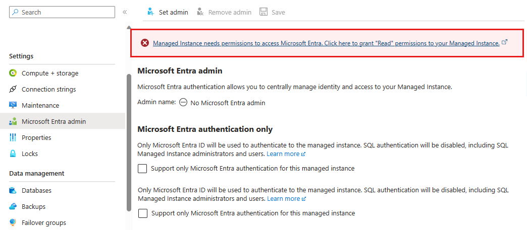 Azure portal で読み取りアクセス許可が必要であることを示す Microsoft Entra 管理メニューのスクリーンショット
