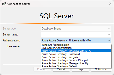 SSMS の [サーバーへの接続] ダイアログのスクリーンショット。認証ドロップダウン ウィンドウで [Azure Active Directory - MFA で汎用] が選択されています。
