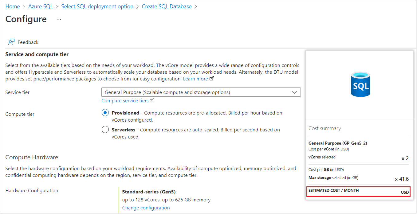 Azure portal でコスト見積もりを表示する例