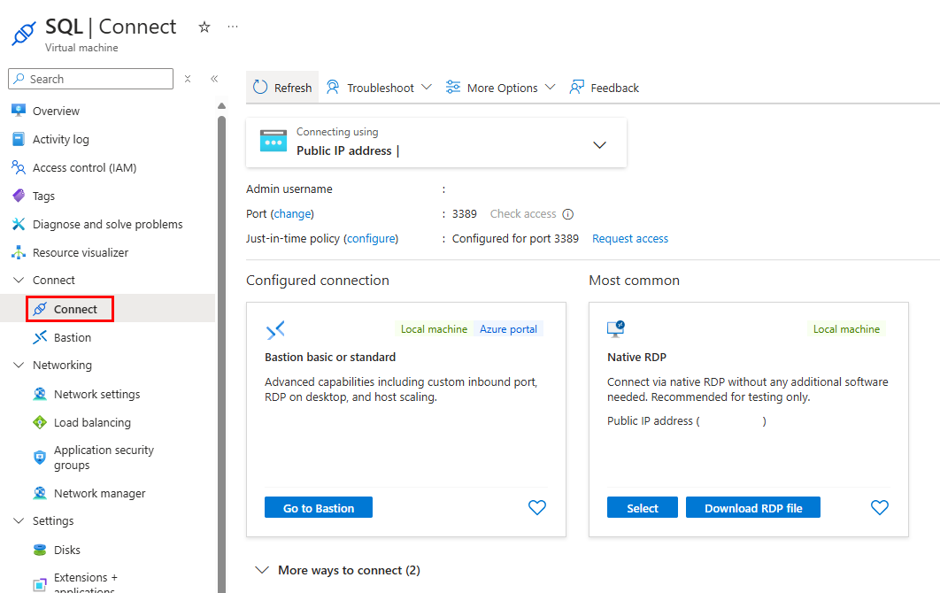 RDP のダウンロードが強調表示されている VM に接続している Azure portal のスクリーンショット。