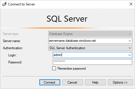 SQL Server Management Studio (SSMS) の Azure SQL データベース論理サーバーへのサーバー接続ダイアログ ボックスのスクリーンショット。