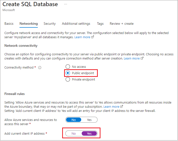 [SQL Database の作成] ページを示す Azure portal のスクリーンショット。[ネットワーク] タブの [接続方法] で、[パブリック エンドポイント] オプションが選択されています。[現在のクライアント IP アドレスの追加] オプションは [はい] に設定されています。