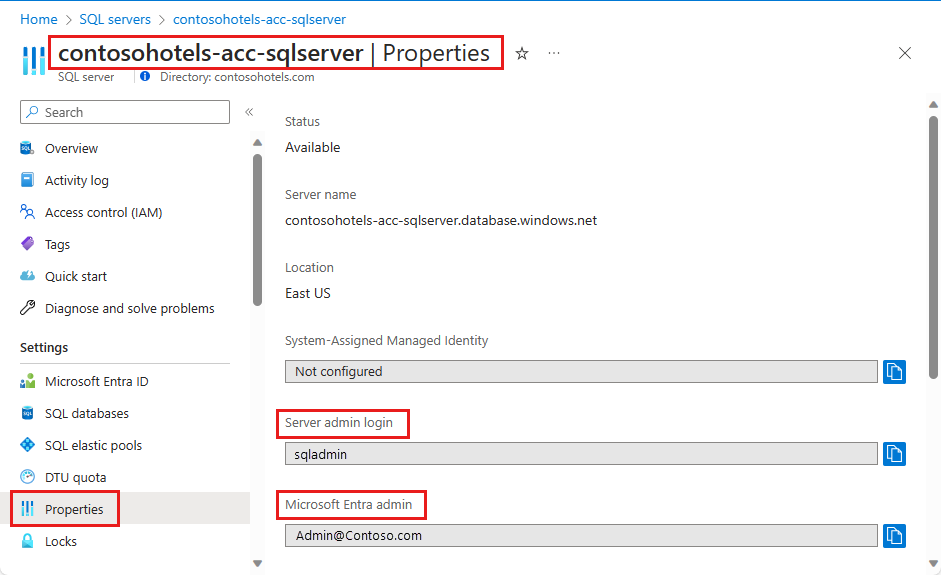 スクリーンショットは、サーバー管理者ログインと Microsoft Entra 管理者の値を取得できる [SQL Server のプロパティ] ページを示しています。