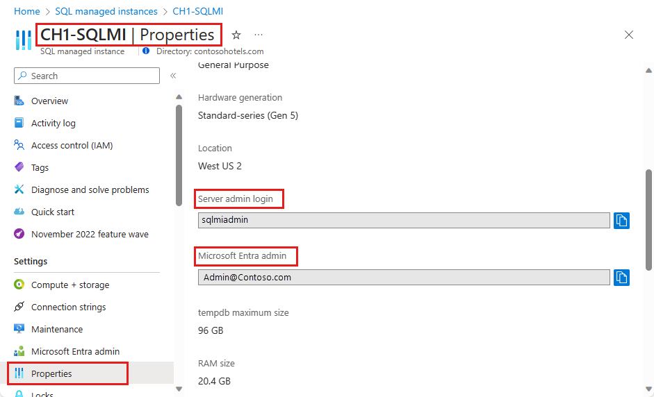 スクリーンショットは、ログインと Microsoft Entra 管理者の値を取得できる [SQL Managed Instance のプロパティ] ページを示しています。