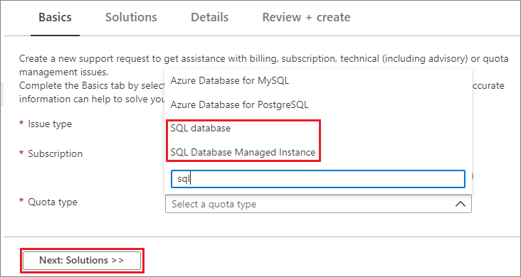 クォータのタイプが選択されている Azure portal のスクリーンショット。