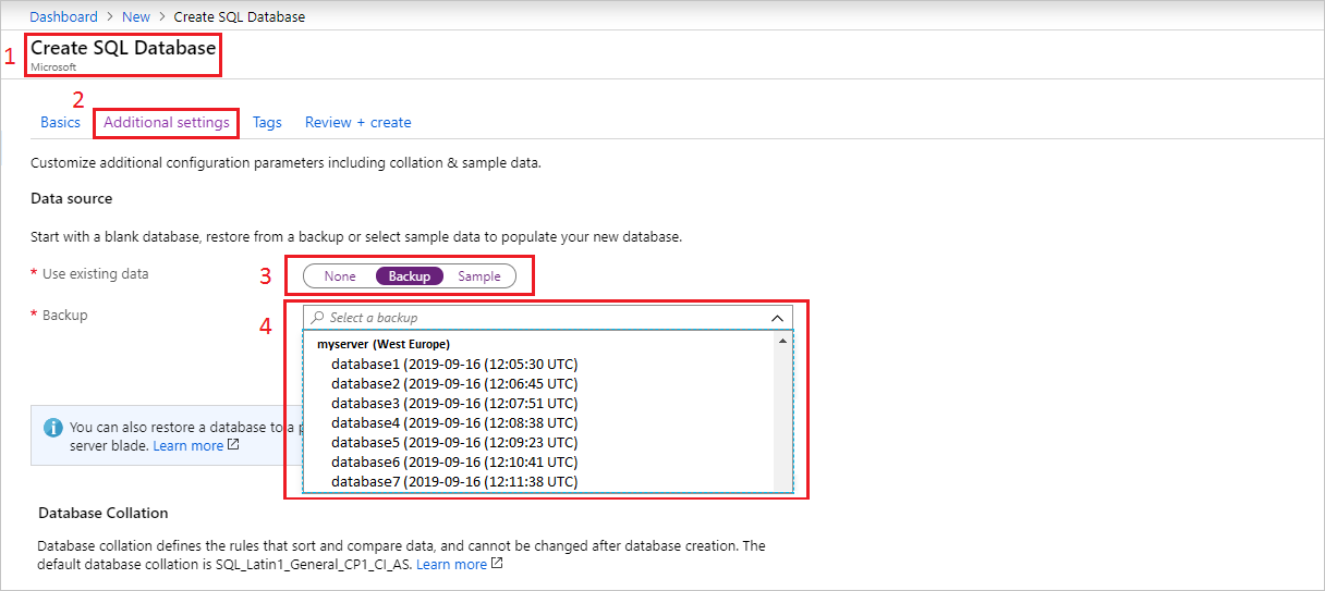 Azure portal でデータベースを作成するためのオプションを示すスクリーンショット。