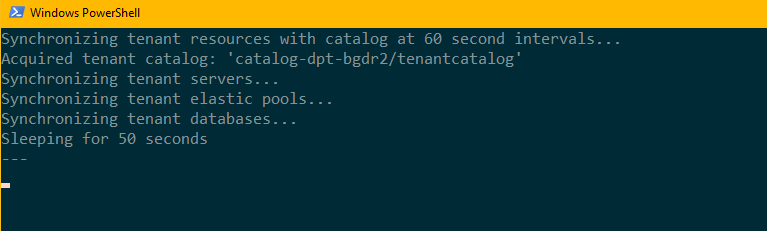 テナント リソースの構成を同期するために開かれる新しい PowerShell セッションを示すスクリーンショット。