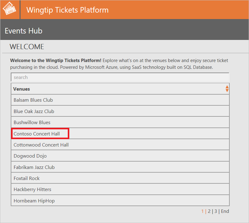 サンプル アプリケーションのイベント ハブ ページのスクリーンショット。Contoso Concert Hall のエントリが赤い枠で示されています。