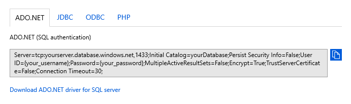 接続文字列のページが表示されている Azure portal のスクリーンショット。[ADO.NET] タブが選択され、ADO.NET (SQL 認証) 接続文字列が表示されています。