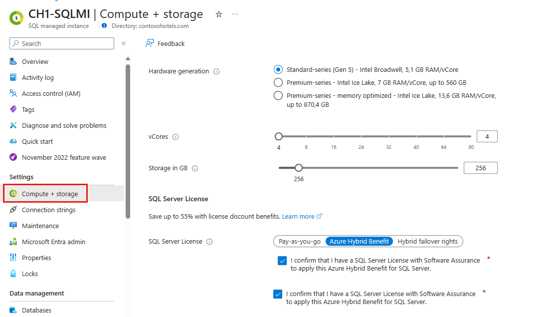 スクリーンショットは、SQL Managed Instance の [コンピューティングとストレージ] ページです。