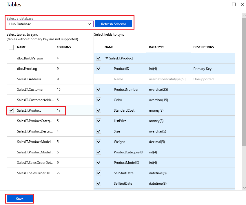 Azure portal のスクリーンショット。[テーブル] ページで、同期するテーブルとフィールドを選択します。