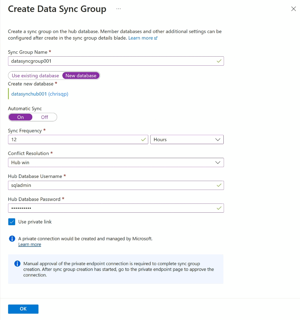 Azure portal の [データ同期の作成] ページのスクリーンショット。自動同期で使用する新しい同期メタデータ データベースの作成。