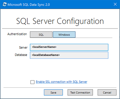 Microsoft SQL データ同期 2.0 クライアント エージェント アプリのスクリーンショット。SQL Server データベースを追加して構成します。