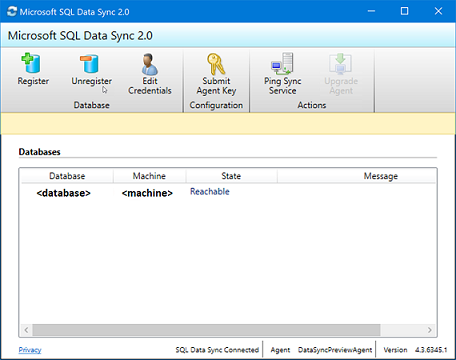 SQL Server データベースとコンピューターが登録されたことを示す Microsoft SQL データ同期 2.0 アプリケーションのスクリーンショット。