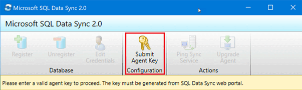 Microsoft SQL データ同期 2.0 クライアント エージェント アプリのスクリーンショット。[エージェント キーの送信] ボタンが強調表示されています。
