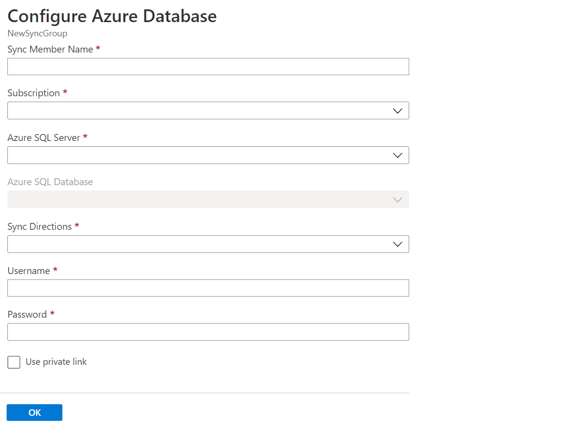 Azure portal の [Azure Database の構成] ページのスクリーンショット。ここで、同期グループにデータベースを追加できます。