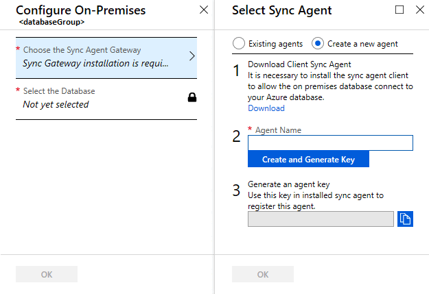 Azure portal の [オンプレミスの構成] 手順のスクリーンショット。[同期エージェント ゲートウェイの選択] オプションを選択すると、[同期エージェントの選択] ページが表示されます。