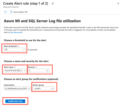 Azure portal での Azure Monitor の警告ルール ページのスクリーンショット。[警告ルールの作成 (ステップ 1/2)] ページには、警告に使用するしきい値、警告の名前と重要度、通知用の警告グループ (オプション) が表示されます。