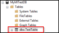 MyMITestDB の [テーブル] のフォルダー構造を示す SSMS のオブジェクト エクスプローラーのスクリーンショット。dbo.TestTable フォルダーが強調表示されています。